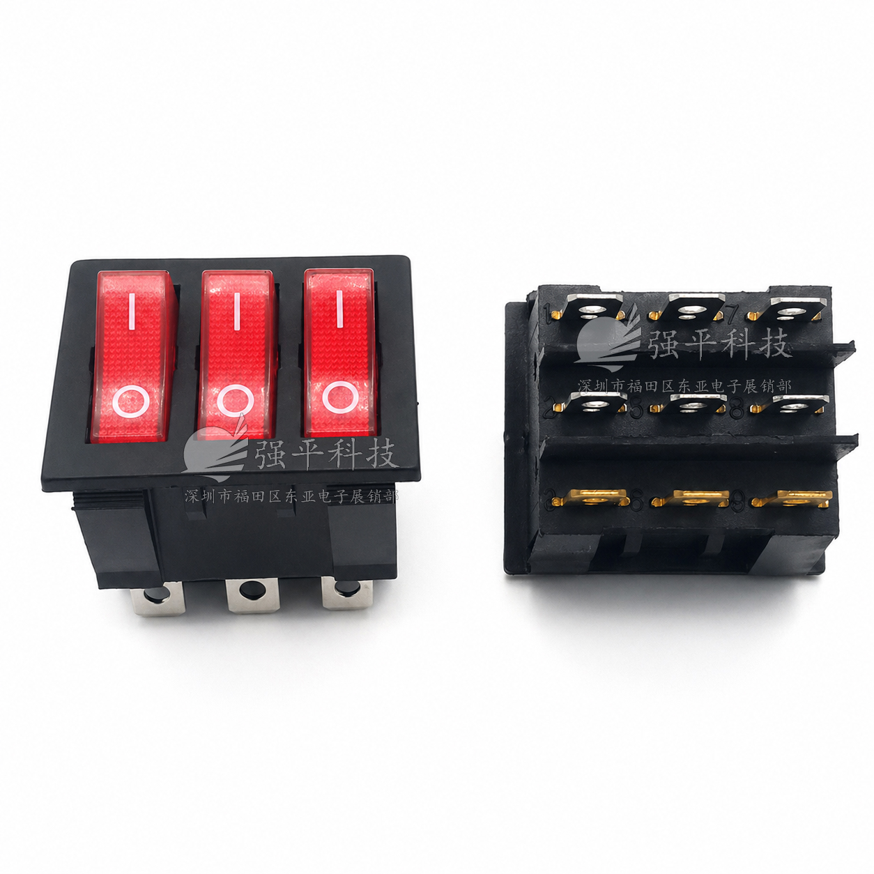 船型开关 KCD3三联 9脚2档 16A/30A250V 带灯 大电流翘板开关