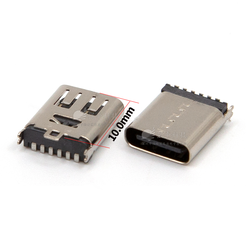 USB连接器  TypeC母座6Pin 10.0立式贴片SMT充电口不锈钢外壳插座