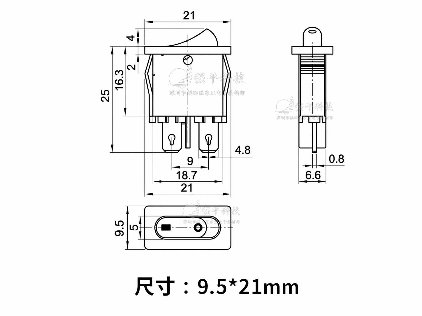 船型开关 KCD1-110 超薄扁型2脚2档9.5*21mm翘板开关6A250V 规格书 1