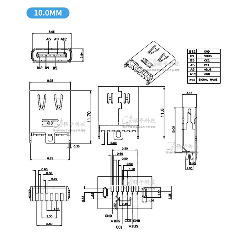 USB连接器  TypeC母座6Pin 10.0立式贴片SMT充电口不锈钢外壳插座 规格书 1
