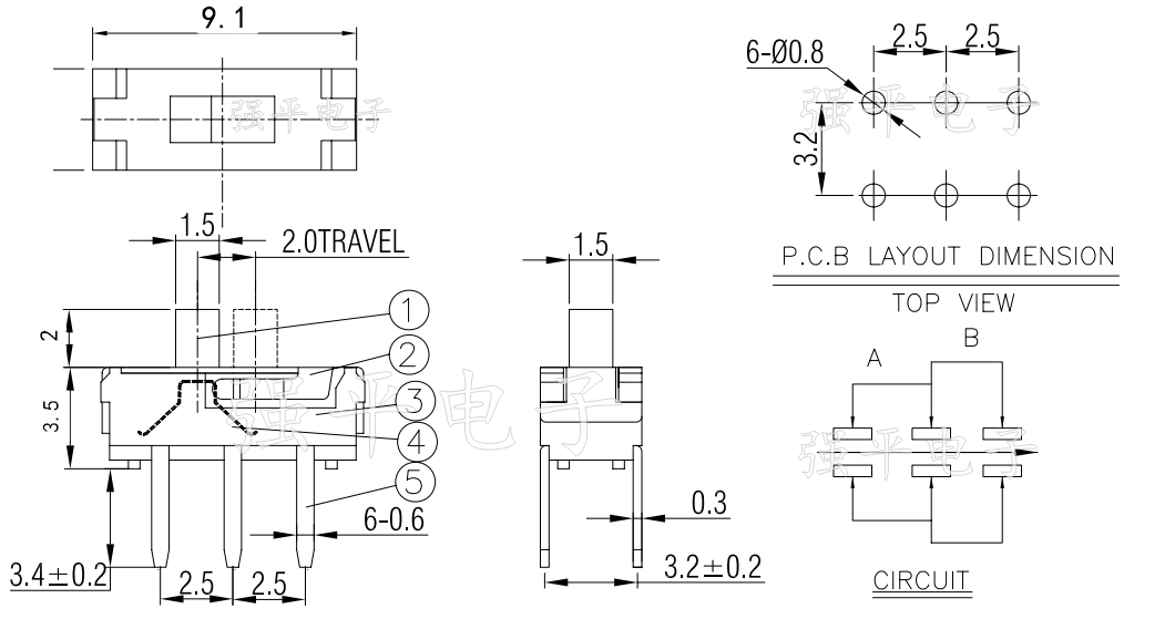 拨动开关 MSS-22D18 六脚两档立式2H 上拨微型滑动开关 规格书 1