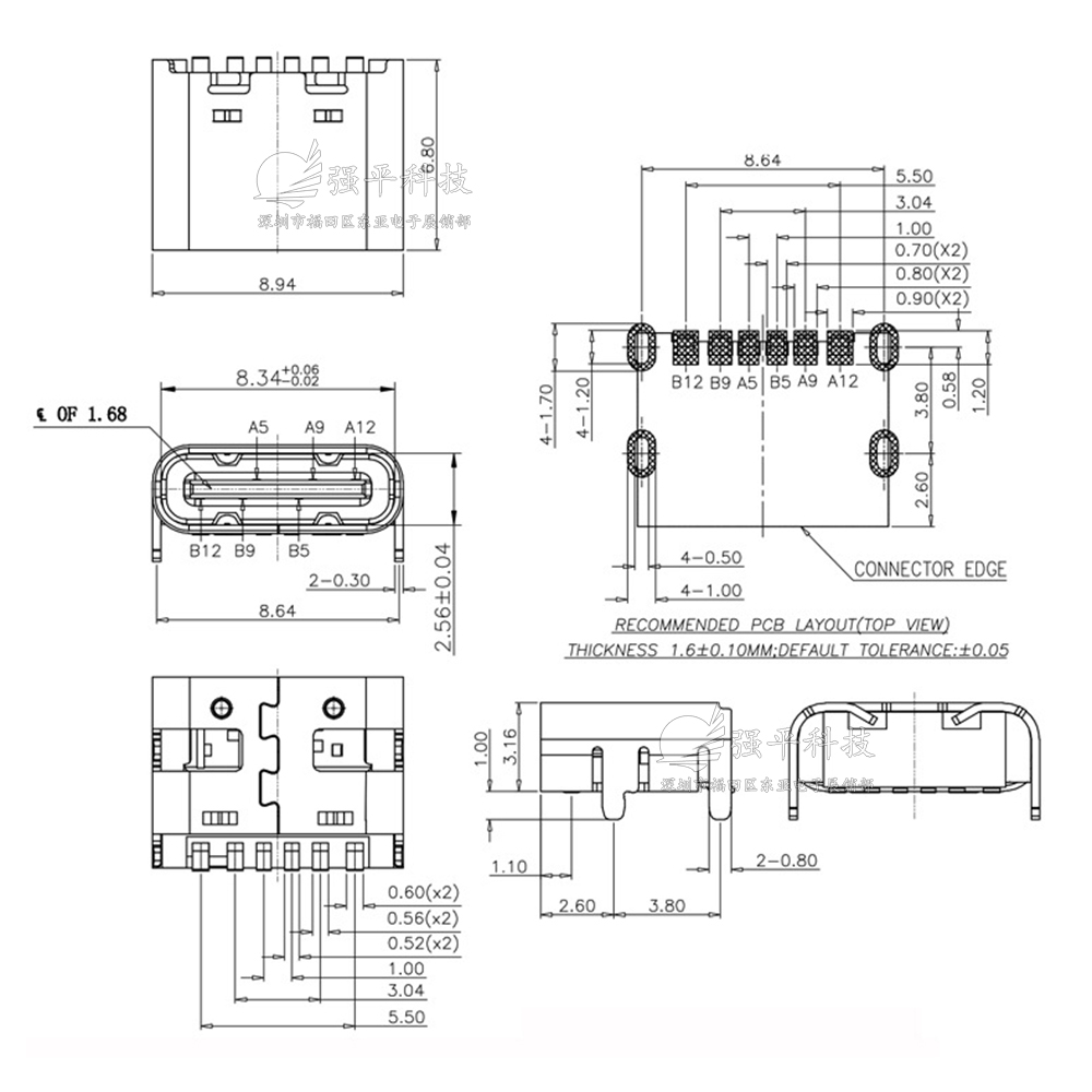 USB连接器  TypeC 6Pin四脚插件 不锈钢USB充电口插板插头接口端子 规格书 1