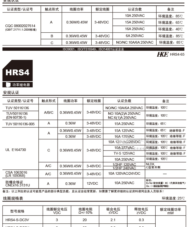 继电器 汇港(HKE)HRS4H-S系列 五脚 5V/12V/24V 原装正品 规格书 2