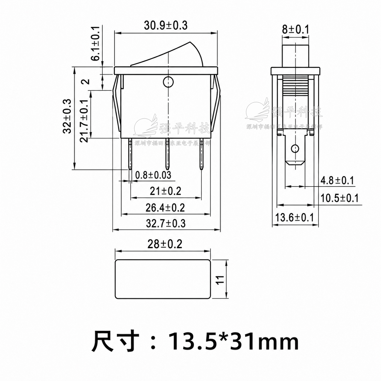 船型开关 KCD3 黑色 2脚2档 16A250V 13.5x31mm 电热锅翘板开关 规格书 2