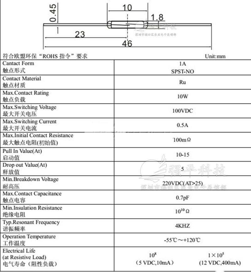 干簧管 MKA-10110 两脚常开2x10mm 俄罗斯进口原装 绿管金脚磁控开关 规格书 1