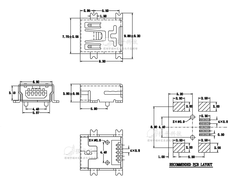 USB连接器  USB3.0 A母座90度插脚 高速传输接口端子镀金蓝胶 插座 规格书 1