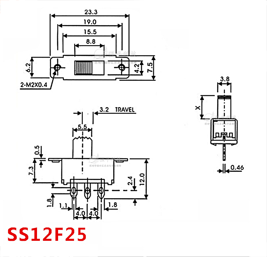 拨动开关 SS12F25G7 两档三脚立式上拨微型滑动电源 规格书 1