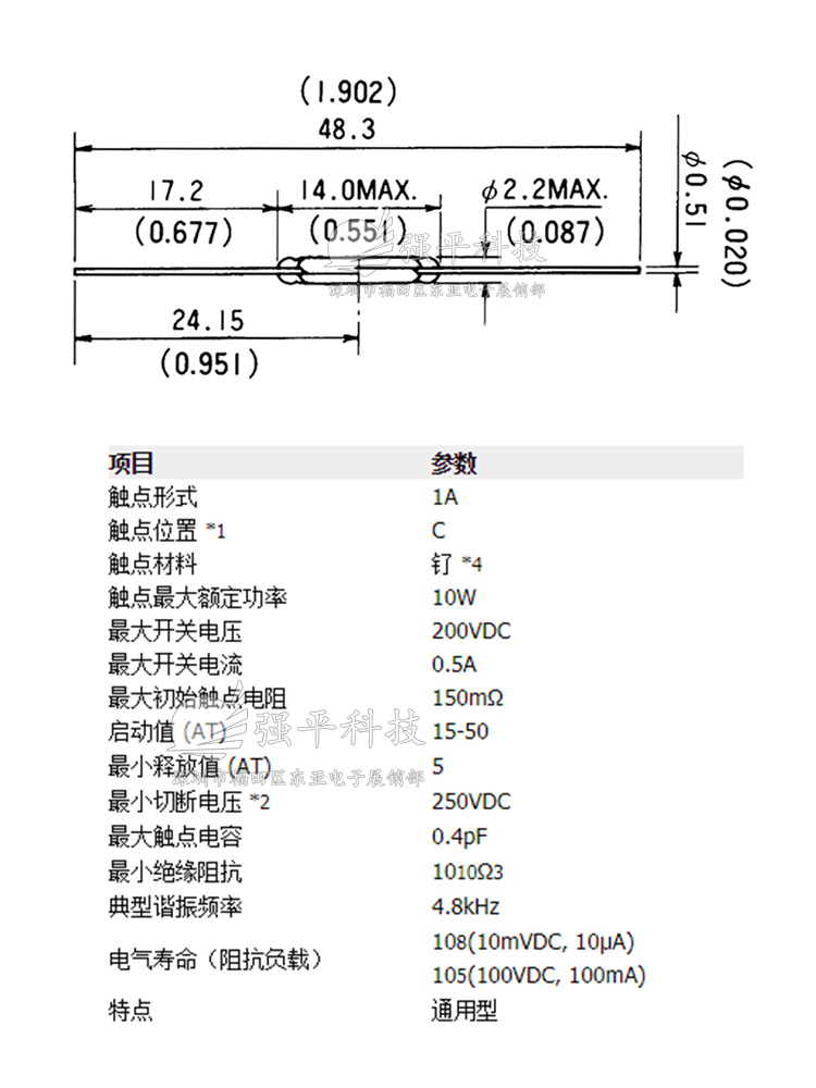 干簧管 HYR1532 日本ALEPH原装进口 2x14mm  常开绿管银脚磁控开关 规格书 1