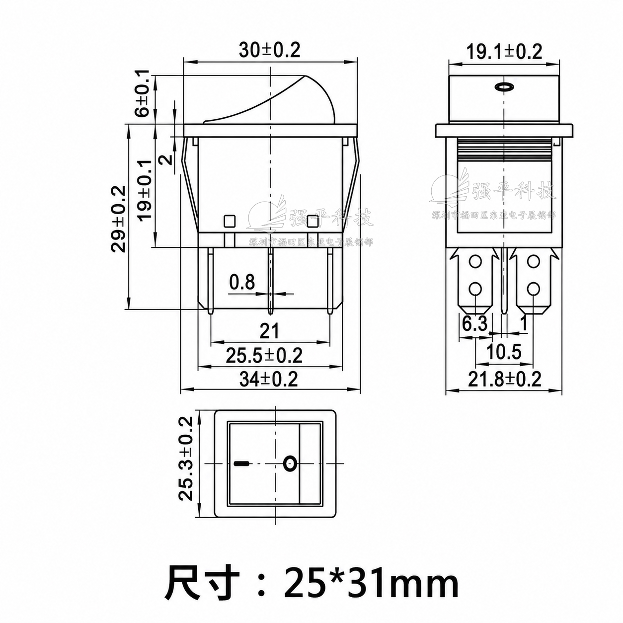 船型开关 KCD4 6脚2档不带灯 16A250V 31x25mm翘板开关双刀双掷 规格书 2