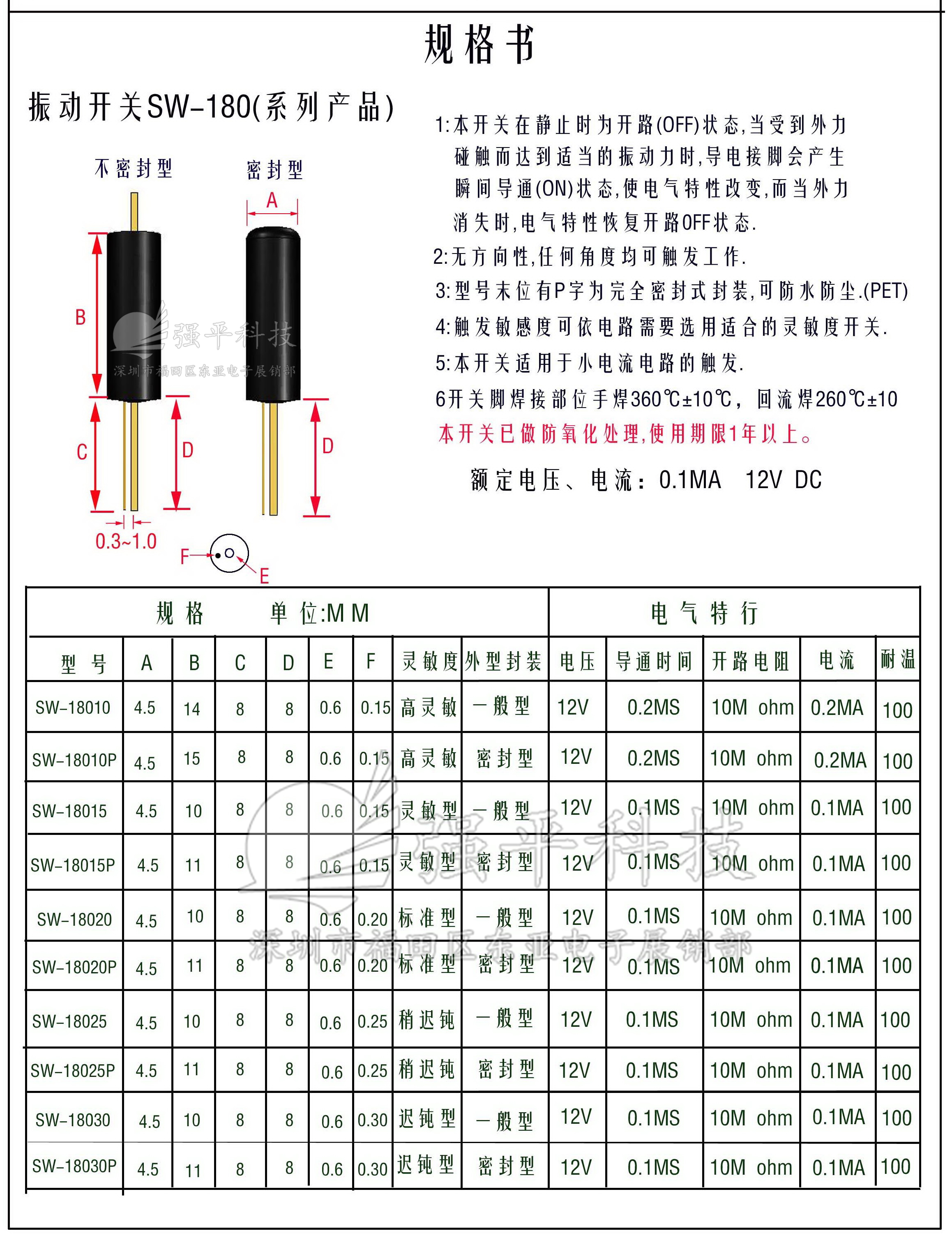 震动开关 SW18020P 弹簧晃动振动传感器 规格书 1
