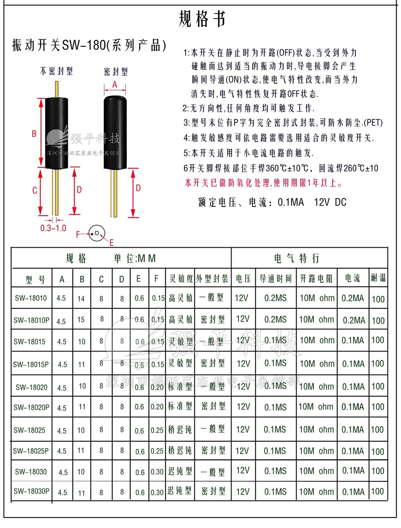 震动开关 SW18015P 弹簧晃动振动传感器 规格书 1