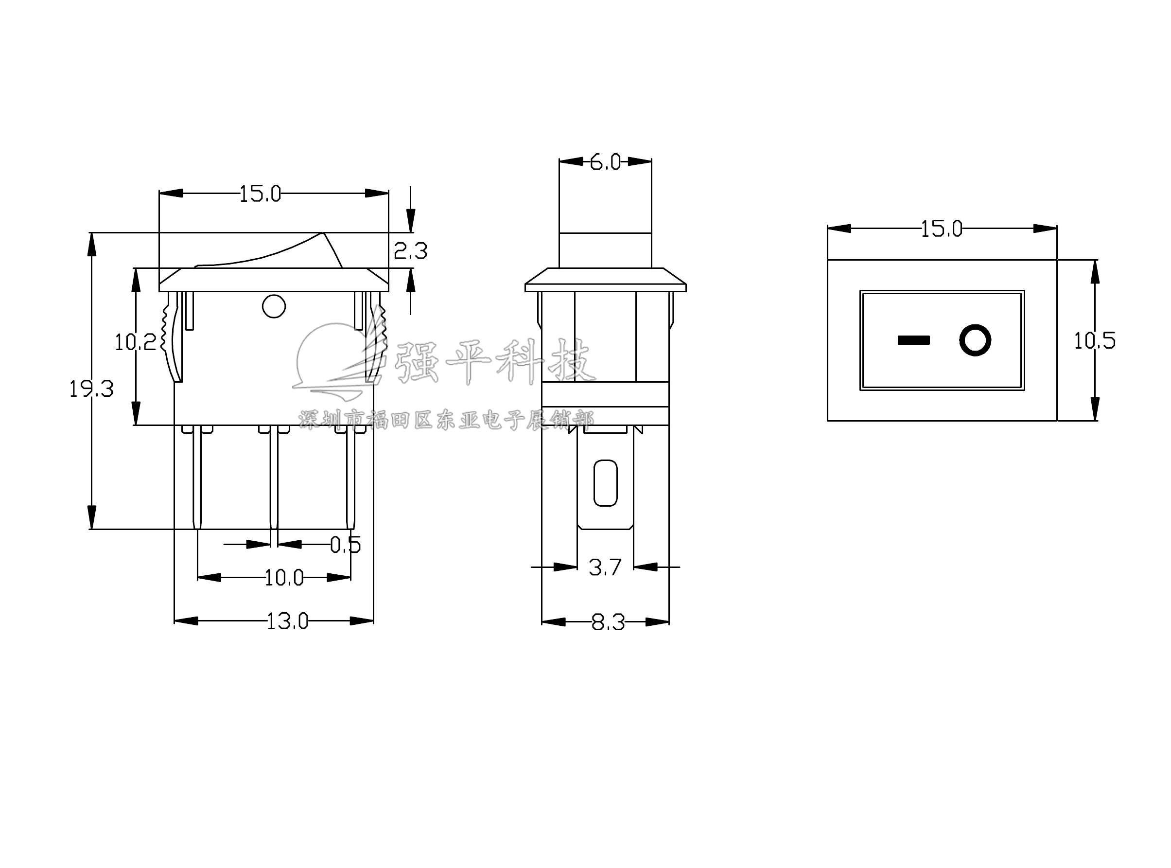 船型开关 KCD11小船形开关 3脚三档1015mm3A250V6A125V小型翘板开关 规格书 1