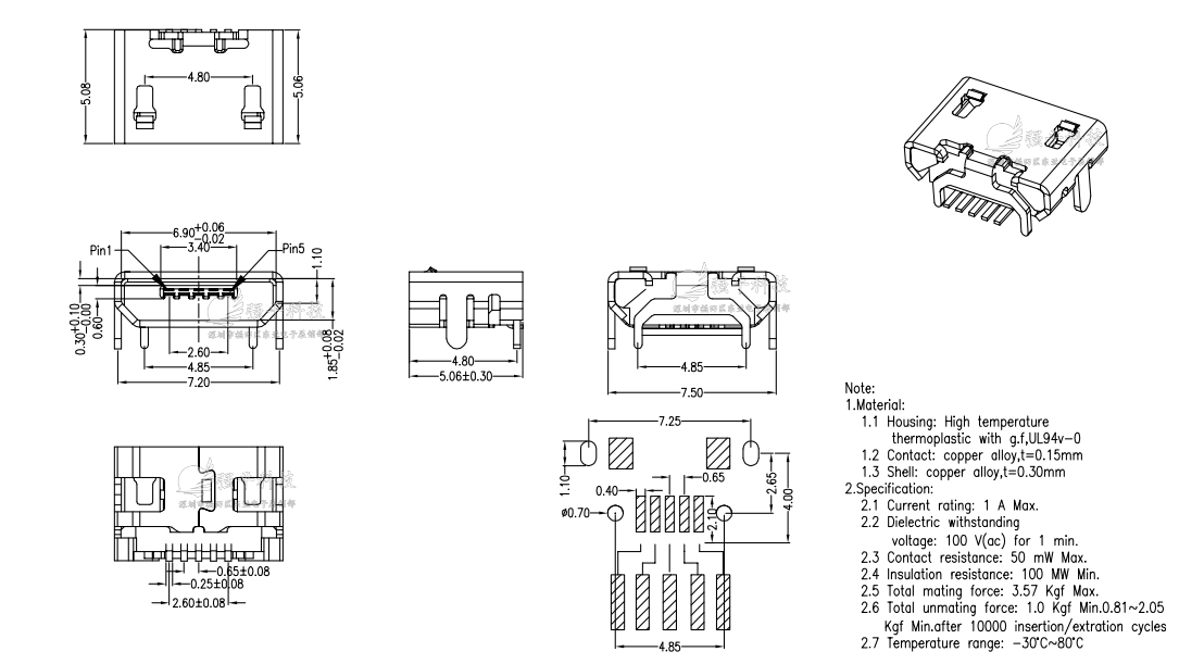 USB连接器 MICRO迈克5Pin B型SMT牛角 卷边/直边 插座 规格书 1