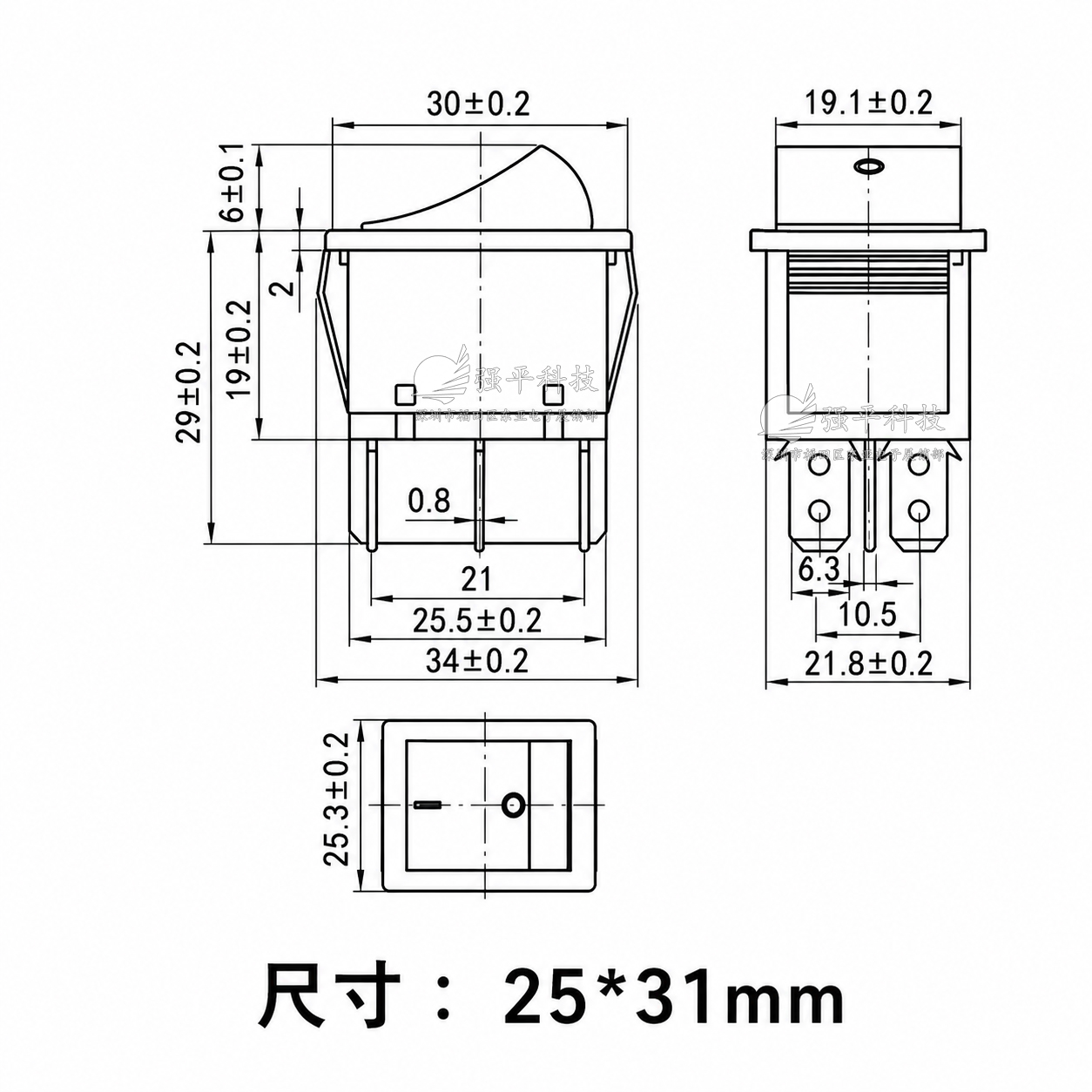 船型开关 KCD4 六脚三档带灯 16A250V 20A125V 31x25mm 大电流 规格书 2