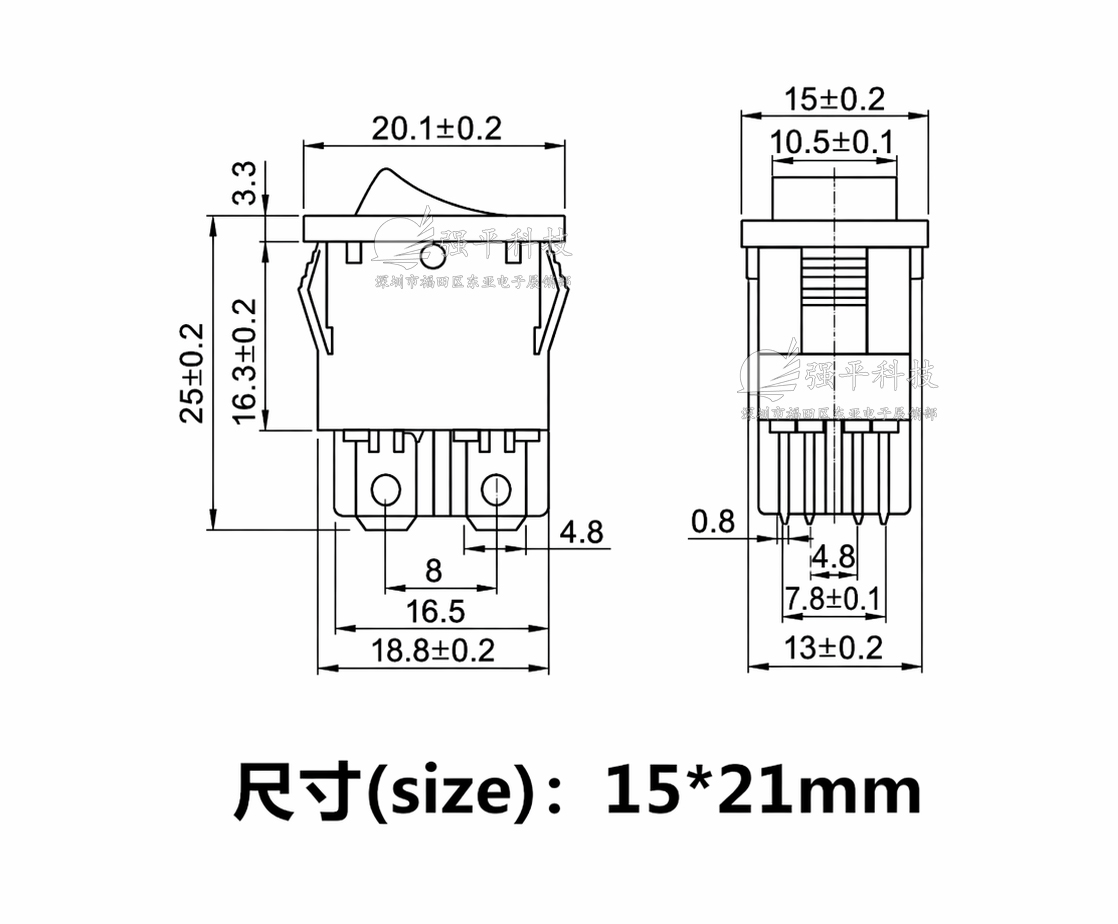 船型开关 15x21船型开关KCD1-104 4脚2档黑色6A250V翘板开关 规格书 2