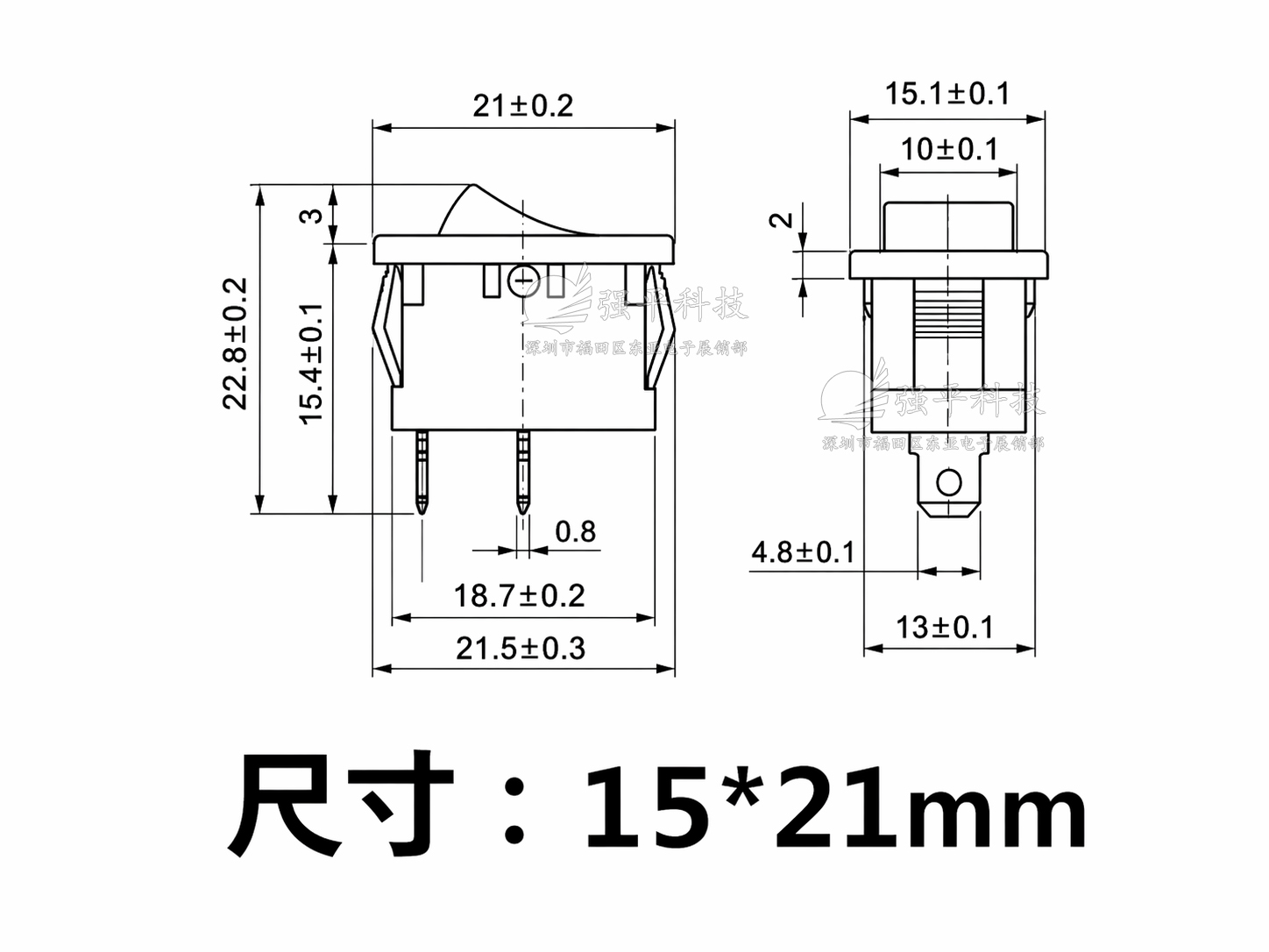 船型开关 KCD1-101翘板开关 15*21mm 黑白2脚2档 6A250V10A125V 规格书 2