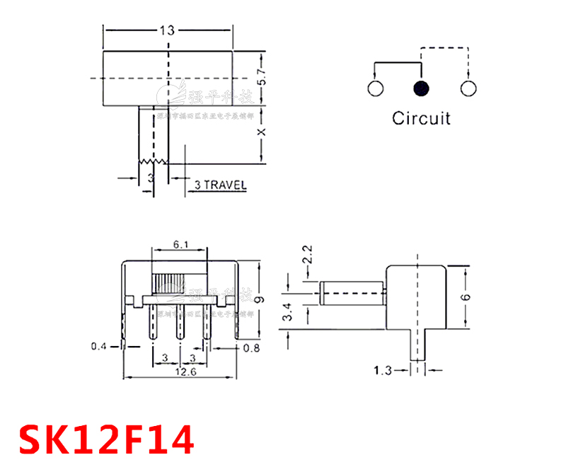 拨动开关 SK12F14G5 两档三脚侧拨2固定脚 滑动电源开关 规格书 1